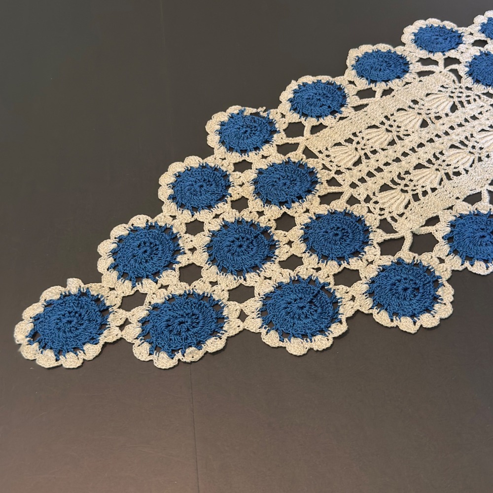 Handmade Crochet Table Runner Blue Cream Floral Lace Vintage 38x14 Boho Decor